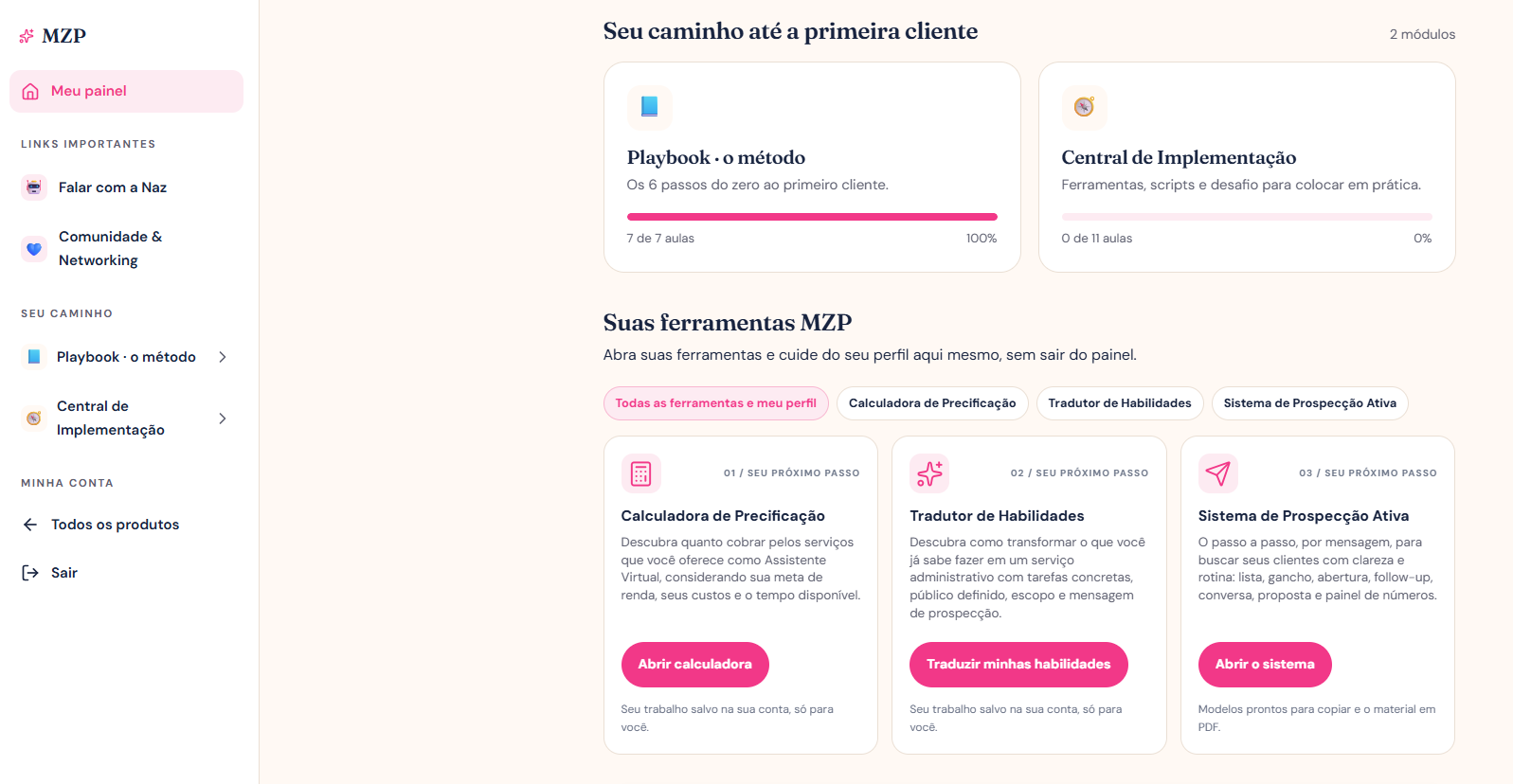 Painel MZP no computador com módulos, progresso e ferramentas