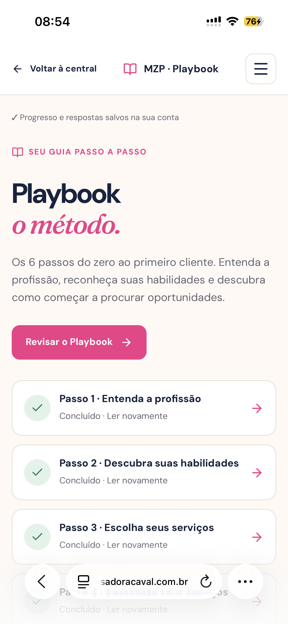 Playbook do MZP na área de alunas pelo celular